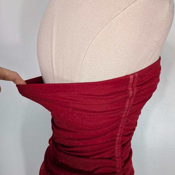 Vintage Prom Dress Maxi Gown M Red Y2K Strapless Mesh Ruffle Fairy Glam Stretch - Picture 8 of 12